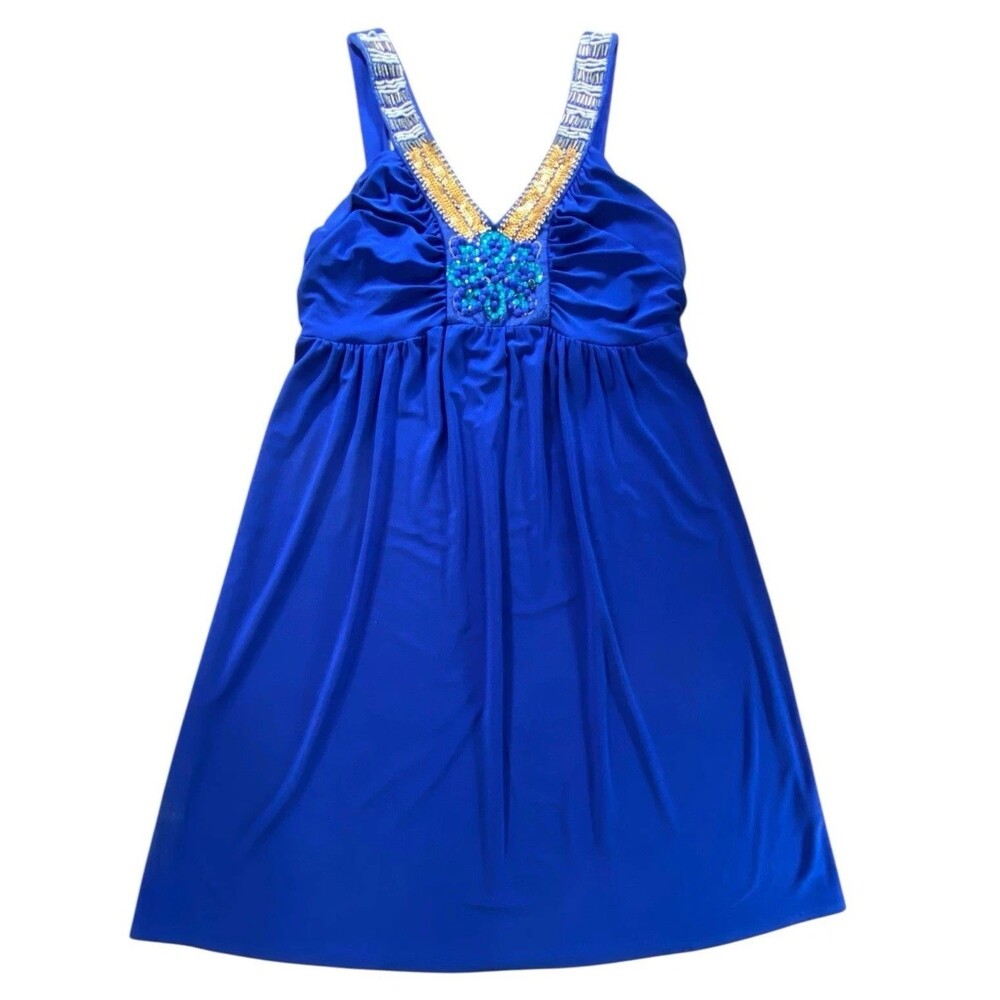 Cato Blue Beaded Sequin Dress Womens M A-Line Sleeveless Empire Waist V-Neck